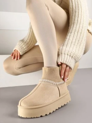 Beżowe Śniegowce na Platformie ze Skarpetową Cholewką Erevelis