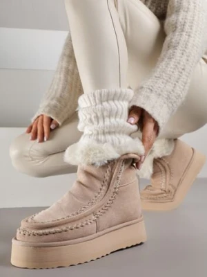 Beżowe Śniegowce Ozdobione Haftem Rawedena