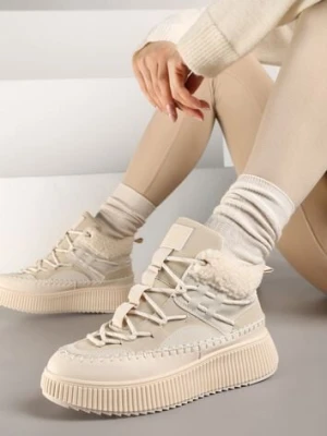 Beżowe Śniegowce Traperki Vices z Futerkiem Typu Baranek i Platformą Terivelle