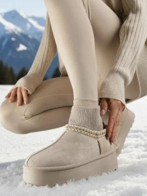 Beżowe Śniegowce VICES na Grubej Podeszwie z Haftem i Skarpetkową Cholewką Enantia