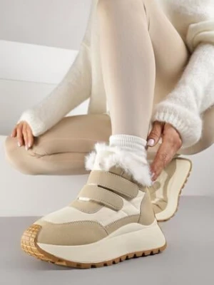 Beżowe Sneakersy Śniegowce Vices na Grubej Podeszwie z Zapięciem na Rzep i Futrem Nelisella