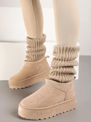 Beżowe Śniegowce Vices z Krótką Cholewką Ocieplone Futerkiem Grelfedi