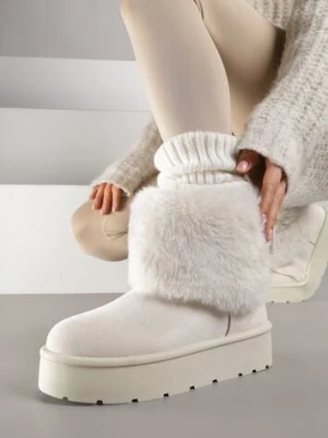 Beżowe Śniegowce z Cholewką za Kostkę Ocieplane z Futerkiem i Małą Kokardą Reinedia