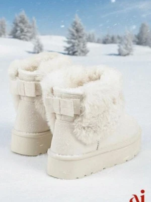 Beżowe Śniegowce z Cholewką za Kostkę Ocieplane z Futerkiem i Małą Kokardą Reinedia