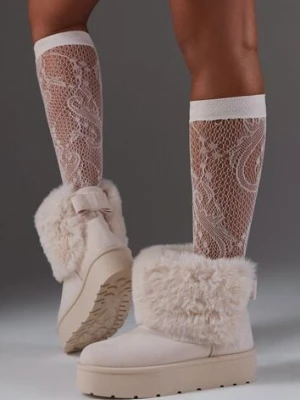 Beżowe Śniegowce z Cholewką za Kostkę Ocieplane z Futerkiem i Małą Kokardą Reinedia