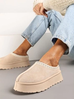 Beżowe Śniegowce z Ekozamszu na Platformie z Niską Cholewką z Ozdobnym Haftem Garvia