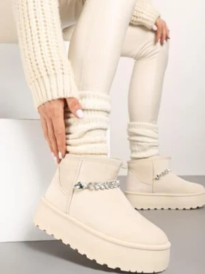 Beżowe Śniegowce z Imitacji Zamszu na Platformie Zdobione Łańcuszkiem z Cyrkoniami Ninnet