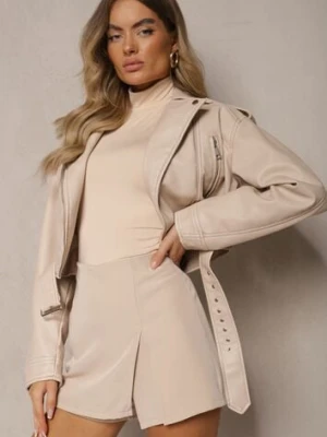 Beżowe Spódnico-Szorty High Waist z Rozcięciem Vikone lovery