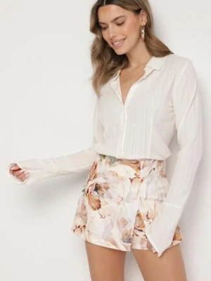 Beżowe Spódnico-Szorty z Wysokim Stanem Ozdobione Kwiatami Deriani lovery