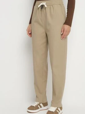 Beżowe Spodnie Bawełniane w Stylu Mom Fit ze Sznurkiem Adenelle