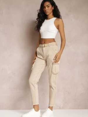 Beżowe Spodnie Cargo z Paskiem z Klamrą w Komplecie Elinata m.sara