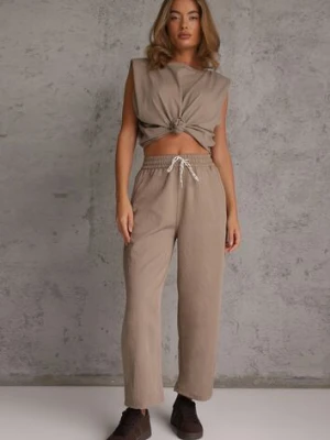 Beżowe Spodnie Casual Barrel High Waist z Gumką i Wiązaniem w Pasie Janesa yu & me