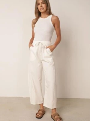 Beżowe Spodnie Casual o Kroju Barrel z Wysokim Stanem i Ściągaczem w Talii Kosma yu & me