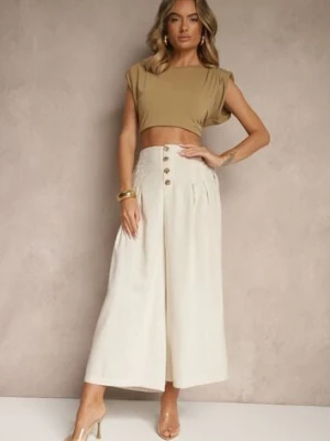Beżowe Spodnie Culottes High Waist z Bawełny Zdobione Guzikami Izuma