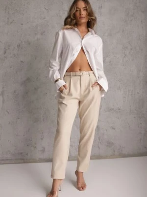 Beżowe Spodnie Cygaretki High Waist z Paskiem z Klamrą w Kształcie Półksięzyca Vikinai