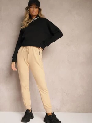 Beżowe Spodnie Dresowe z Bawełny High Waist Ozdobione Kieszeniami na Suwak Fedela h&s