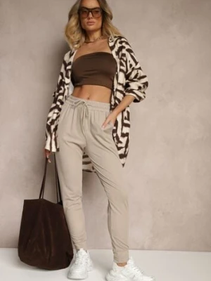 Beżowe Spodnie Dresowe z Wiskozą High Waist Ozdobione Sznurkiem Ellivenna pesail