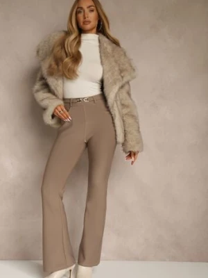 Beżowe Spodnie Dzwony High Waist w Eleganckim Stylu ze Sprzączką Tevanda