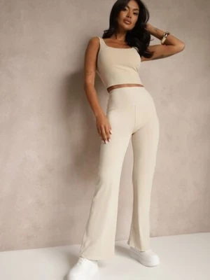 Zdjęcie produktu Beżowe Spodnie Flare High Waist z Szeroką Gumką w Pasie Idalania