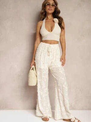 Beżowe Spodnie High Waist o Ażurowym Wykończeniu z Gumką w Talii Gralefia rosa