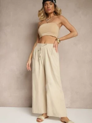 Beżowe Spodnie High Waist Szerokie z Bawełny Wiązane w Pasie z Gumką w Talii Yaslio