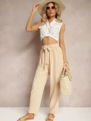 Beżowe Spodnie High Waist Wiązane w Pasie Wykończone Gumką w Talii Dimixi h&s