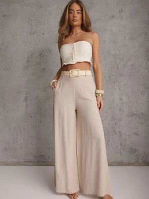 Beżowe Spodnie High Waist Wide Leg z Wiskozą z Plecionym Paskiem Aridine elsa.m by may