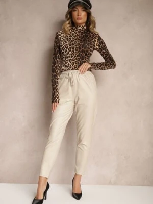 Beżowe Spodnie High Waist z Ekoskóry w Gumką w Talii Esaleira defox