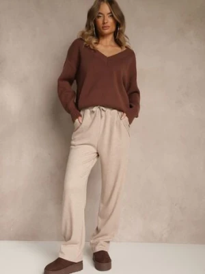 Beżowe Spodnie High Waist z Gumką i Troczkami w Pasie Rallena glo-story