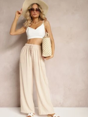 Beżowe Spodnie High Waist ze Sznurkiem w Talii i Prostą Nogawką Raveann defox