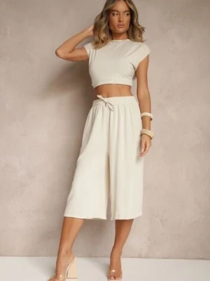 Beżowe Spodnie Kuloty z Bawełną High Waist Azetia