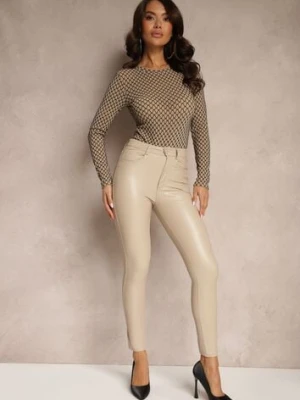 Beżowe Spodnie o Kroju Skinny z Ekoskóry Zorlemi defox