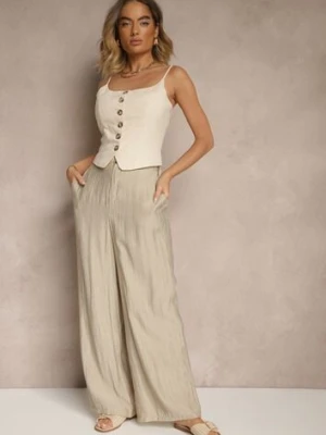 Beżowe Spodnie o Szerokim Kroju High Waist Natoreia