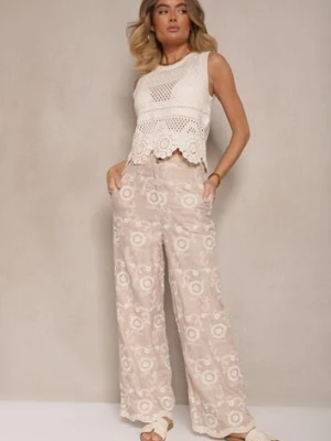 Beżowe Spodnie o Szerokim Kroju High Waist Ozdobione Haftem Issedi rosa