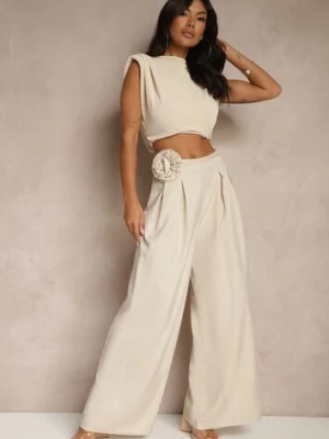 Beżowe Spodnie o Szerokim Kroju High Waist z Kwiatem 3D Firalisse elsa.m by may