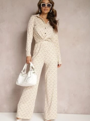 Beżowe Spodnie o Szerokim Kroju w Ozdobny Print z Kieszeniami Ashel by swan