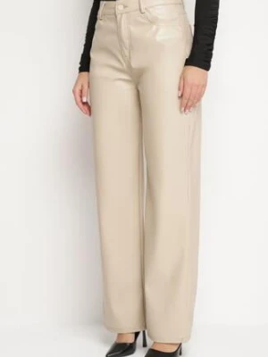 Beżowe Spodnie o Szerokim Kroju z Wysokim Stanem z Ekoskóry Enadria daysie