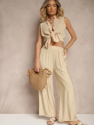 Beżowe Spodnie Palazzo o Szerokim Kroju High Waist Lislevia h&s