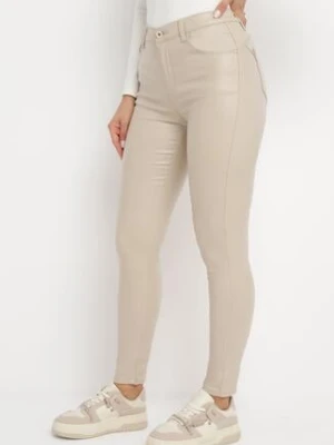 Beżowe Spodnie Skinny z Ekoskóry o Fasonie Push Up Nanseni daysie