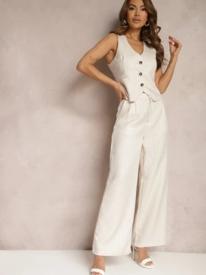 Beżowe Spodnie Szerokie Garniturowe High Waist Tamarixia Jus De Pom