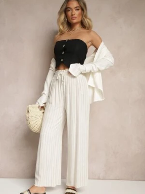 Beżowe Spodnie Szerokie z Dodatkiem Lnu z Wiązaniem w Talii w Paski Eraviela cflo