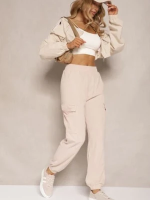 Beżowe Spodnie Typu Cargo High Waist Worseli defox