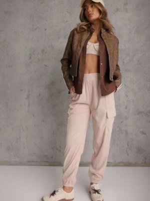 Beżowe Spodnie Typu Cargo High Waist Worseli defox