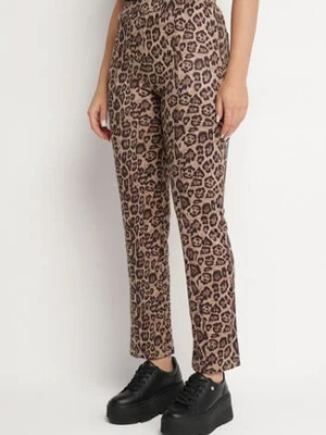 Beżowe Spodnie w Panterkę o Klasyznym Fasonie z Gumką w Pasie Enadel sophyline paris