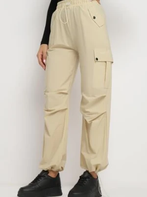 Beżowe Spodnie w Typie Cargo z Wysokim Stanem i Kieszeniami Lerienna queene
