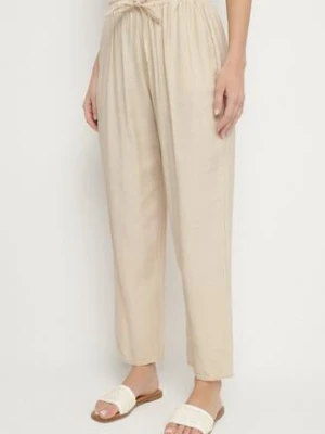 Beżowe Spodnie z Bawełną i Wiązaniem Maiovelle j&x