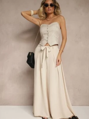 Beżowe Spodnie z Bawełną o Szerokim Kroju High Waist z Paskiem Iveleldi j&x