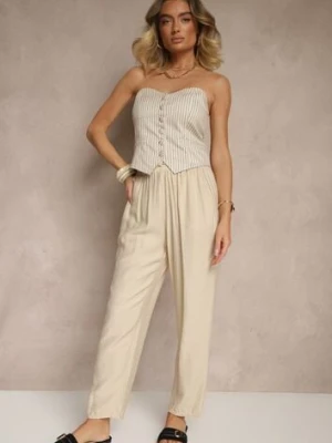 Beżowe Spodnie z Bawełną Ozdobione Wiązaniem Voreia j&x