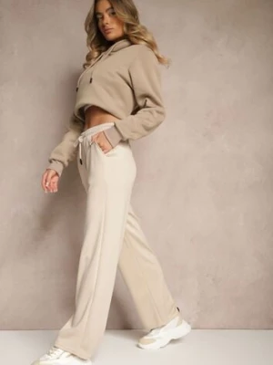Beżowe Spodnie z Dodatkiem Wiskozy Dresowe High Waist Ellanoria