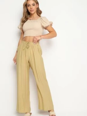 Beżowe Spodnie z Gumką w Pasie Angelona rosa